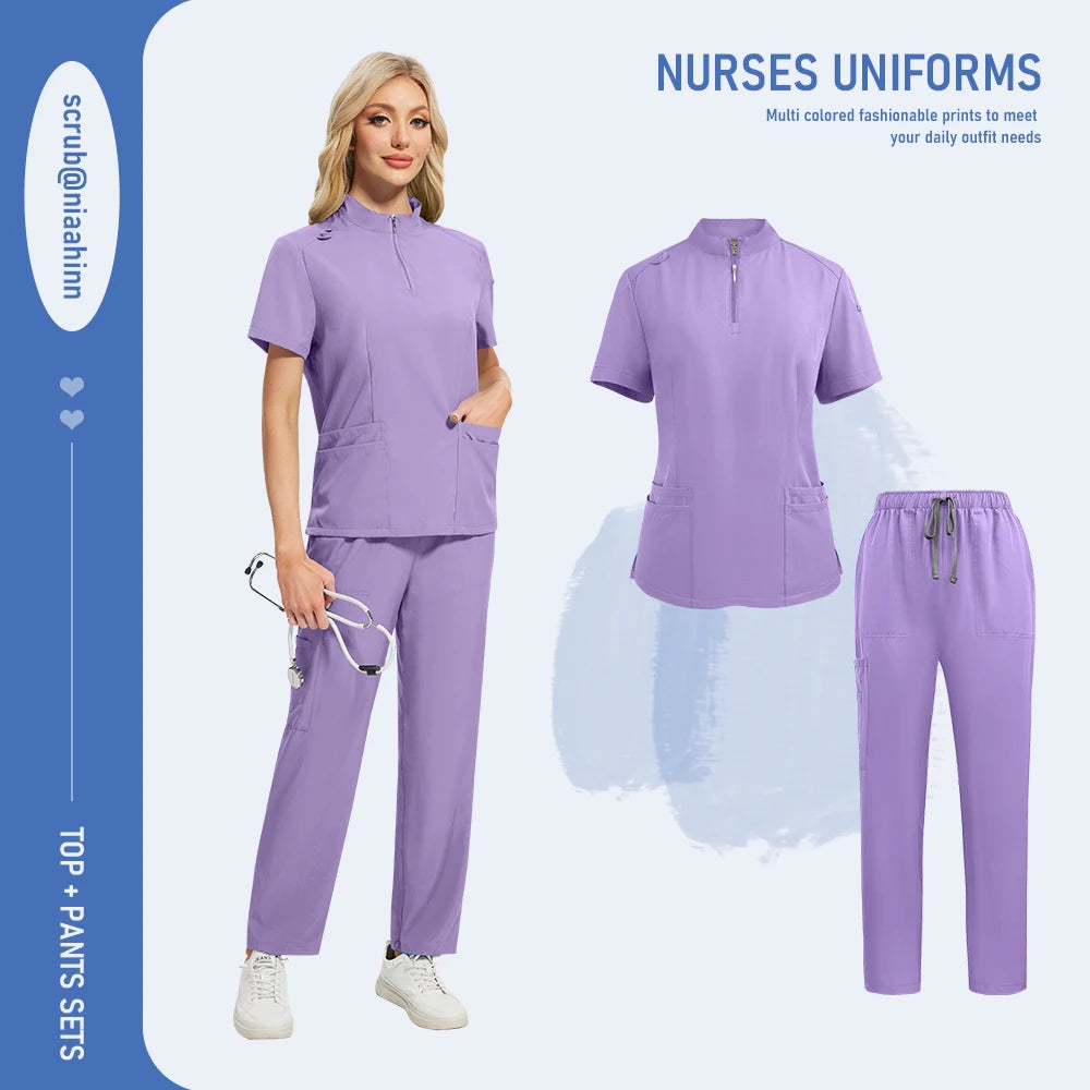 Unisex Medical Scrub Set - V-Neck Zipper Top & Multi-Pocket Pants