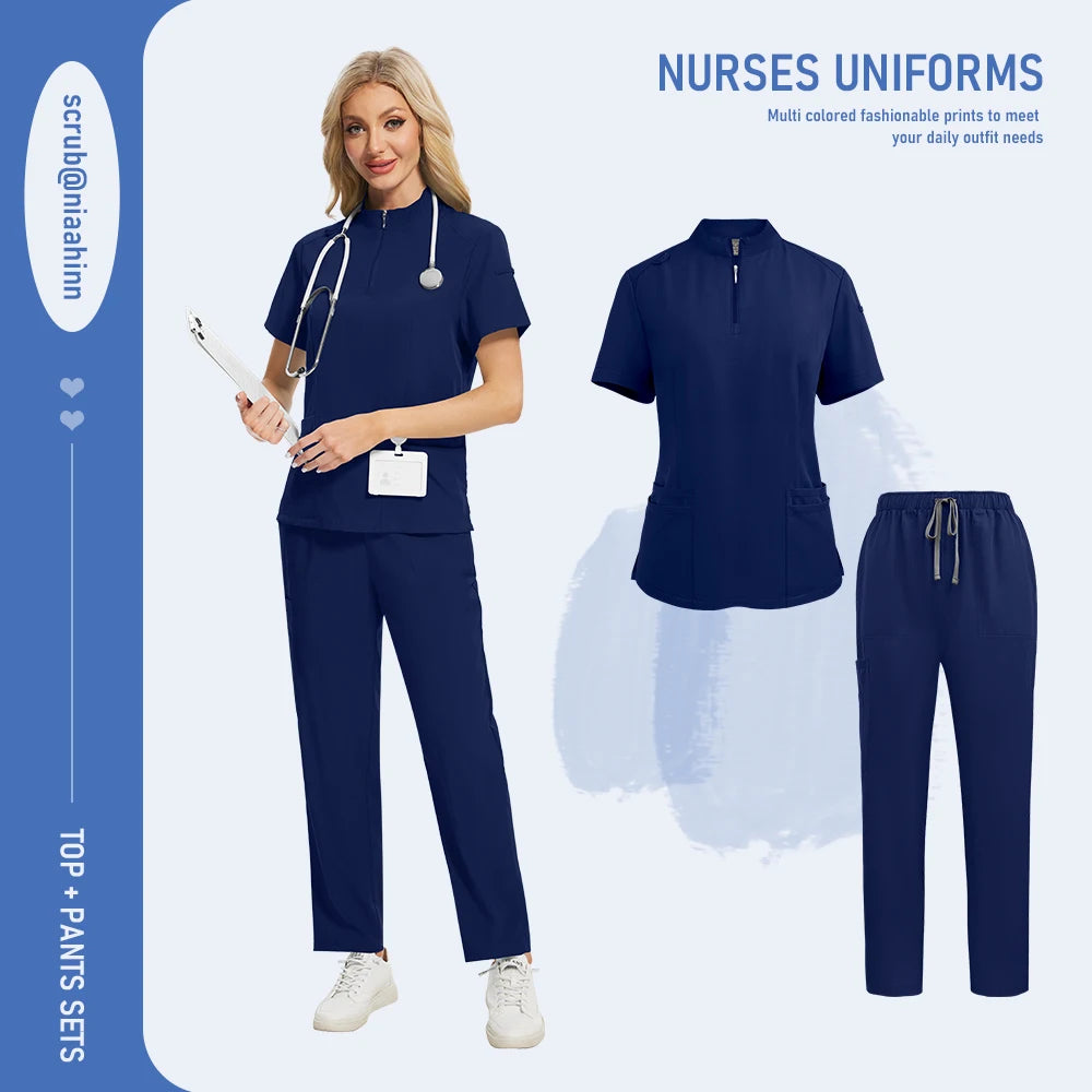 Unisex Medical Scrub Set - V-Neck Zipper Top & Multi-Pocket Pants