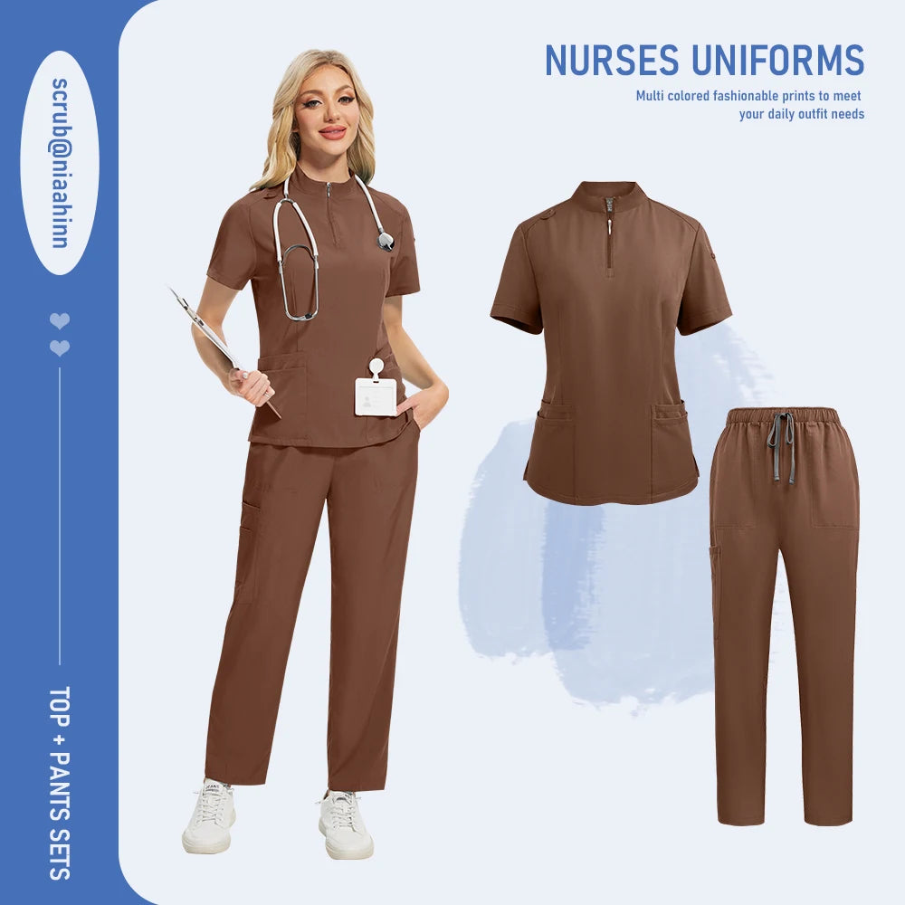 Unisex Medical Scrub Set - V-Neck Zipper Top & Multi-Pocket Pants