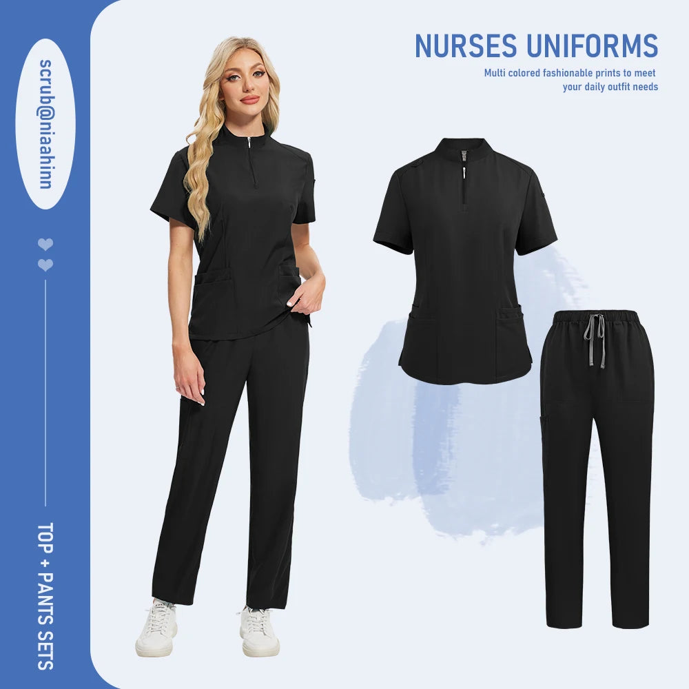 Unisex Medical Scrub Set - V-Neck Zipper Top & Multi-Pocket Pants