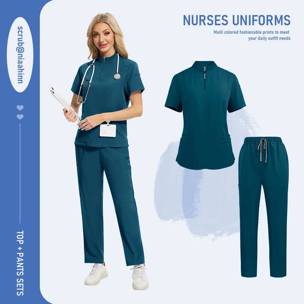 Unisex Medical Scrub Set - V-Neck Zipper Top & Multi-Pocket Pants