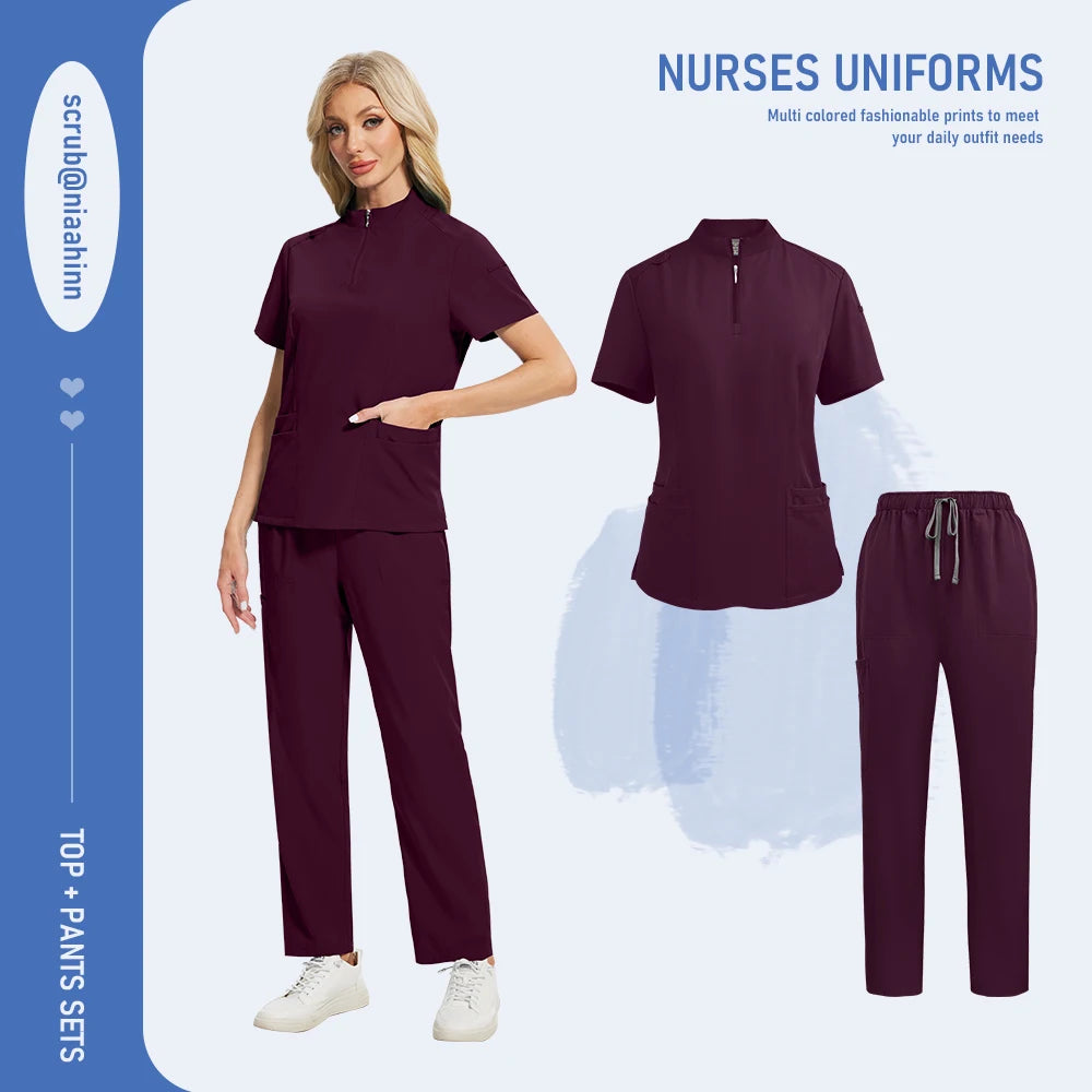 Unisex Medical Scrub Set - V-Neck Zipper Top & Multi-Pocket Pants