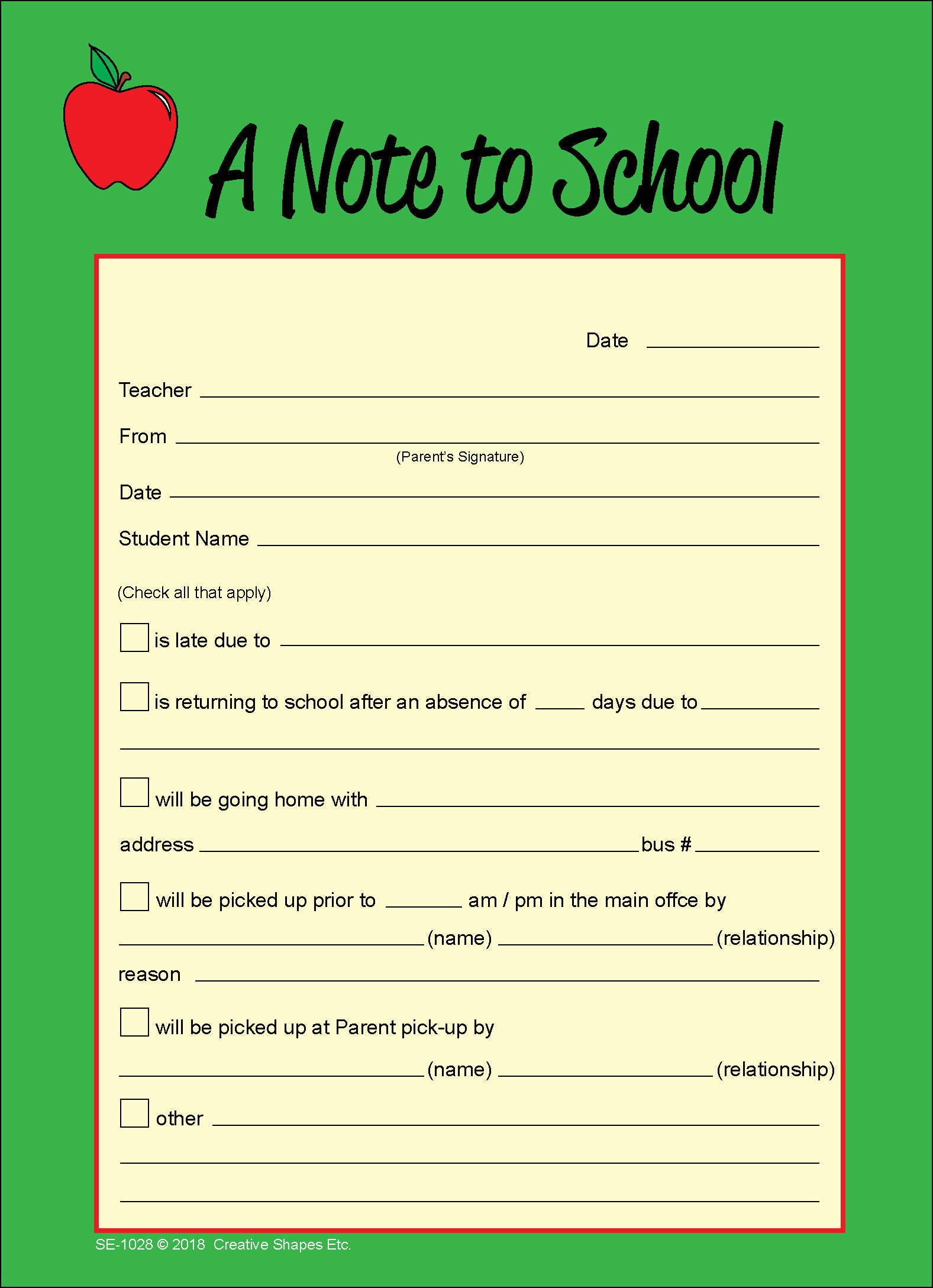 SHAPES ETC. Note to School – Notes to Parents