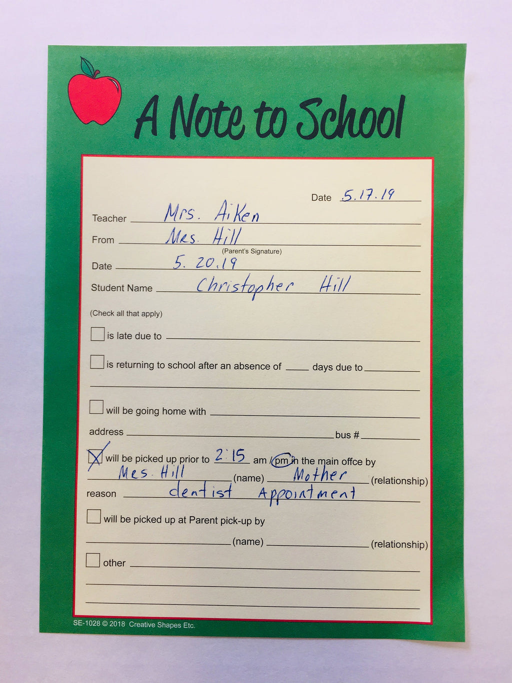 SHAPES ETC. Note to School – Notes to Parents