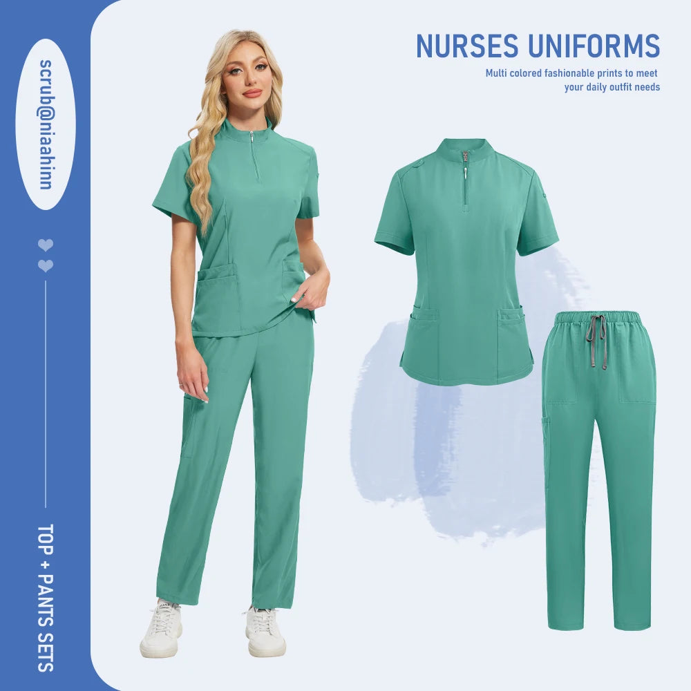 Unisex Medical Scrub Set - V-Neck Zipper Top & Multi-Pocket Pants