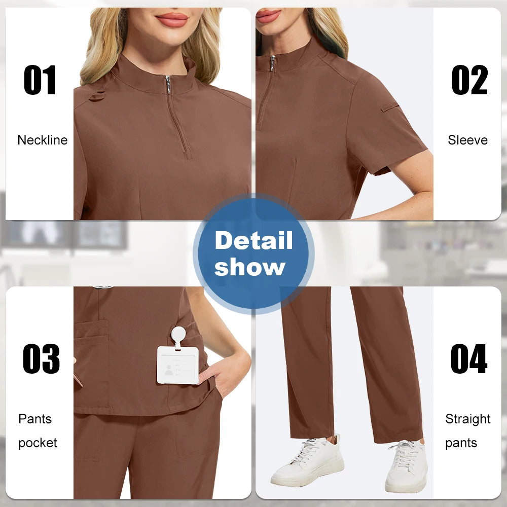 Unisex Medical Scrub Set - V-Neck Zipper Top & Multi-Pocket Pants