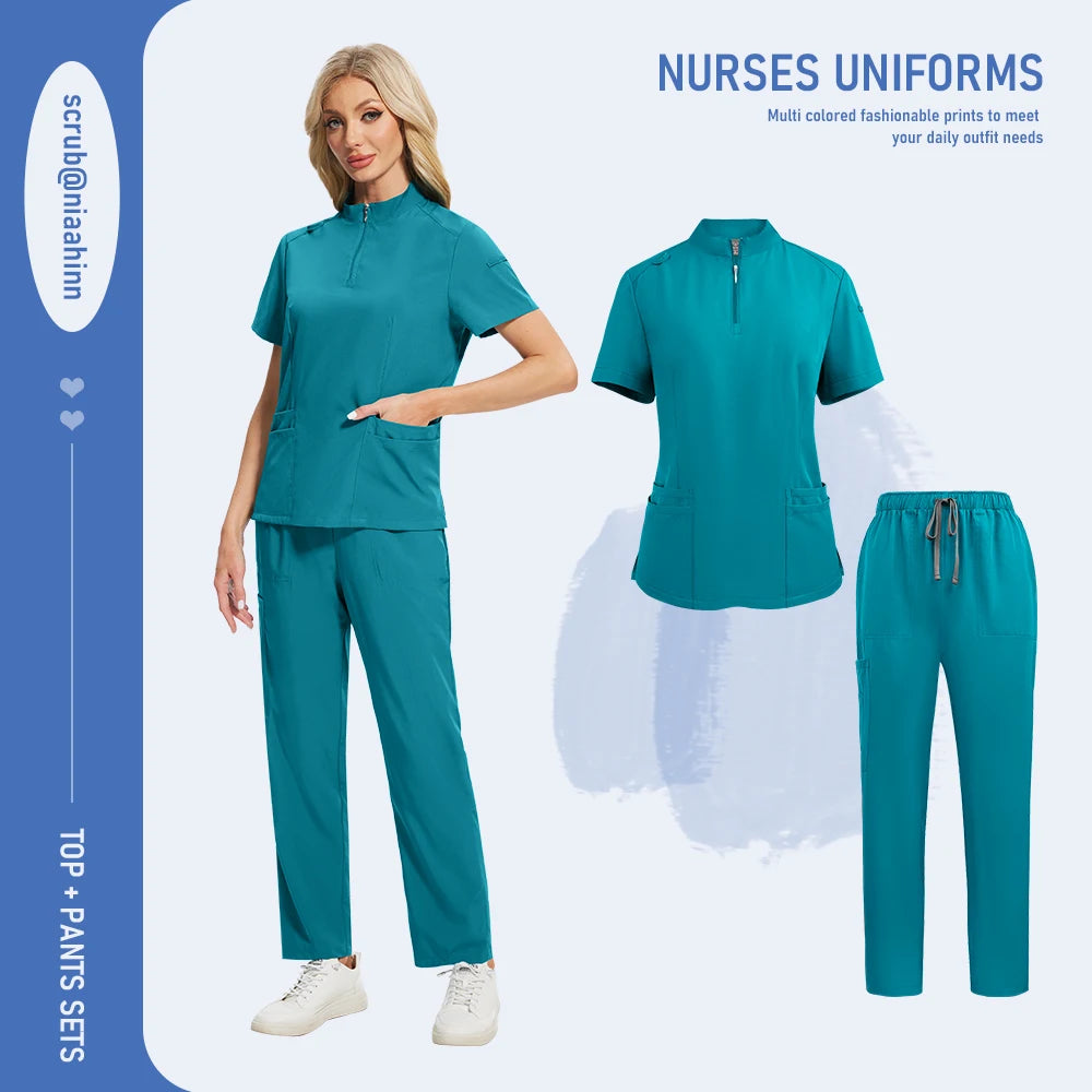 Unisex Medical Scrub Set - V-Neck Zipper Top & Multi-Pocket Pants