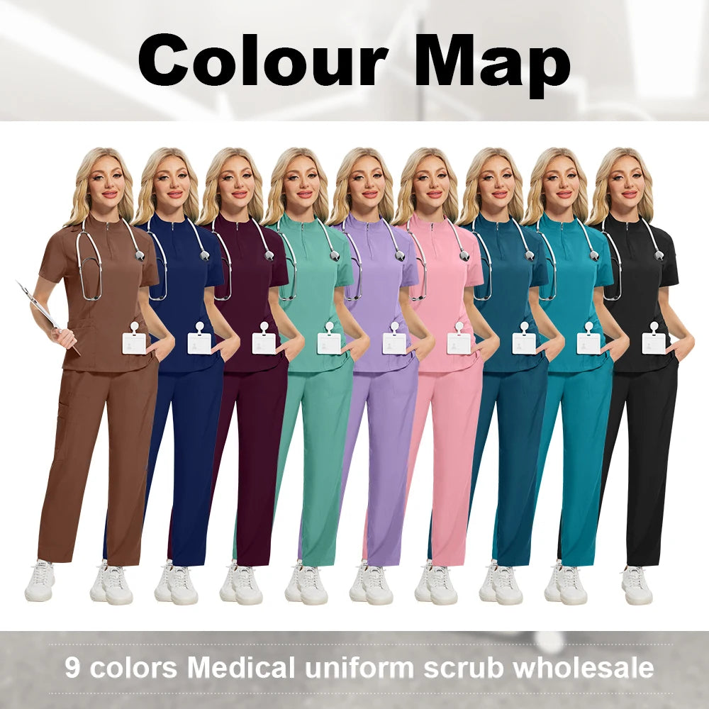 Unisex Medical Scrub Set - V-Neck Zipper Top & Multi-Pocket Pants