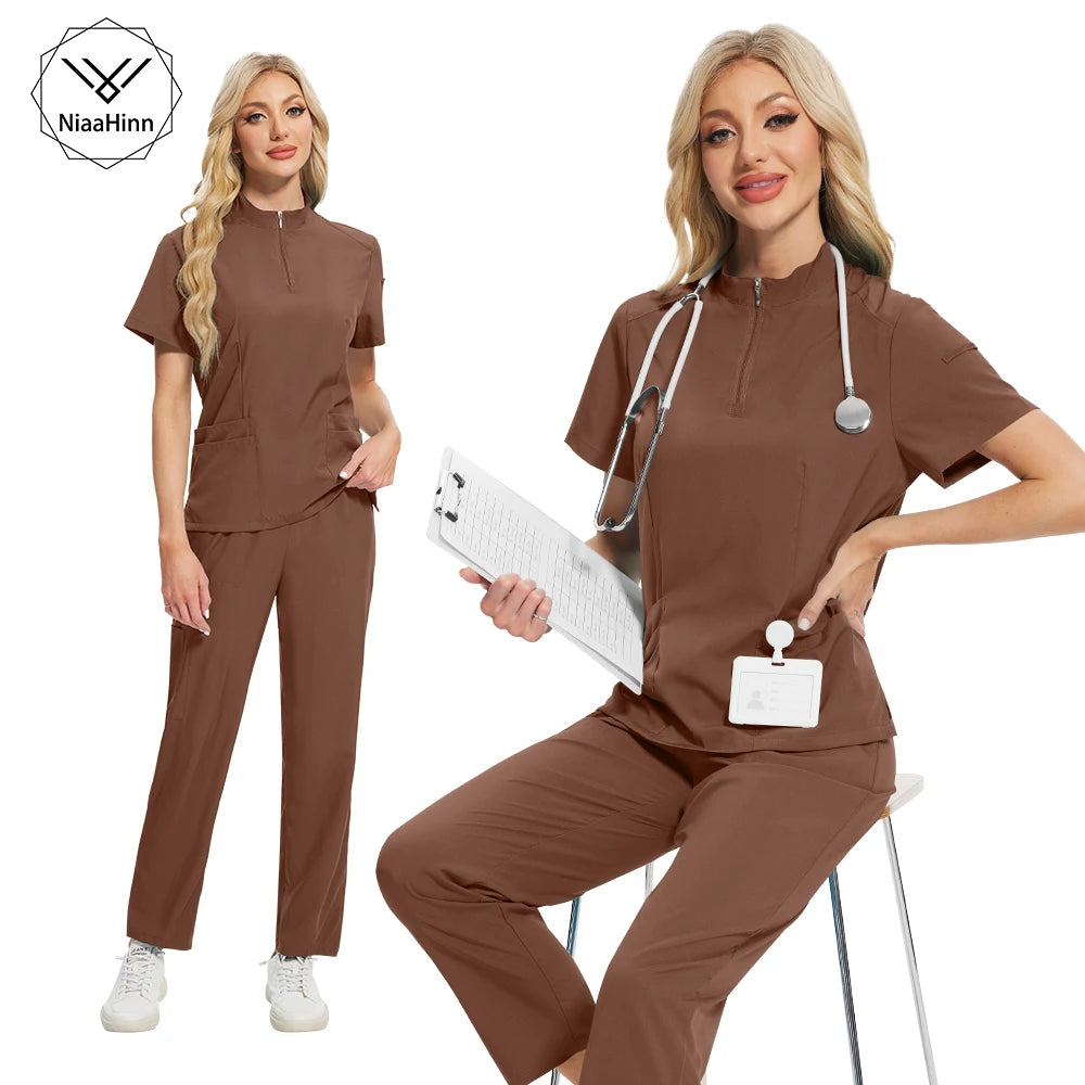 Unisex Medical Scrub Set - V-Neck Zipper Top & Multi-Pocket Pants