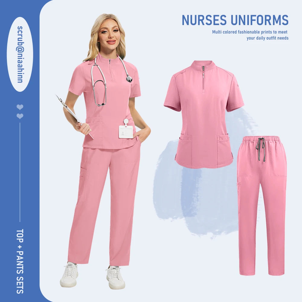 Unisex Medical Scrub Set - V-Neck Zipper Top & Multi-Pocket Pants